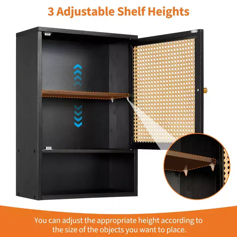 COZONY 24 Armoire murale de ferme en rotin avec portes tressées, organiseur de rangement de salle de bain en bois à 3 niveaux pour les toilettes et la cuisine