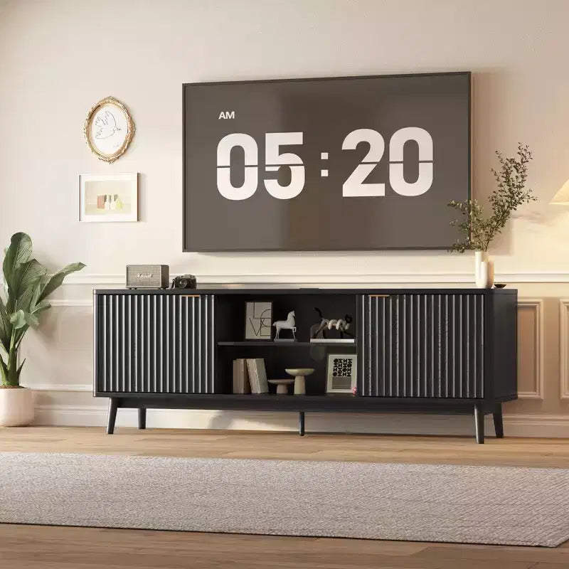 Meuble TV moderne de 63 pouces, noir, centre de divertissement avec étagère réglable, table console TV, montage facile, pour salon, chambre à coucher