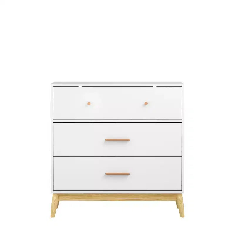 Meuble de rangement 3 tiroirs de style nordique, commode moderne blanche avec poignées or rose et base en bois massif pour bureau, chambre d'enfant ou crèche