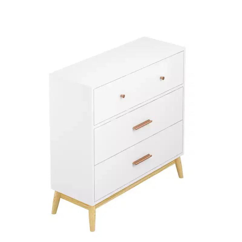 Meuble de rangement 3 tiroirs de style nordique, commode moderne blanche avec poignées or rose et base en bois massif pour bureau, chambre d'enfant ou crèche