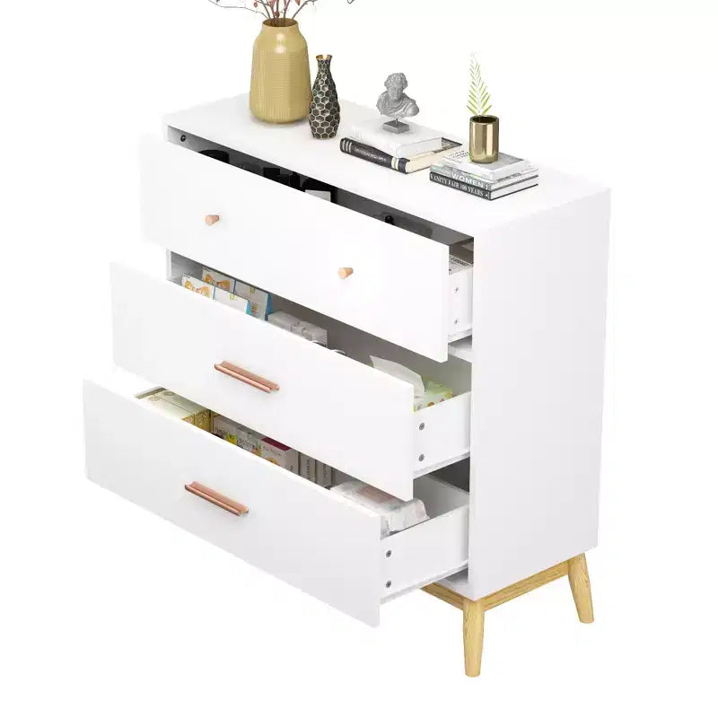 Meuble de rangement 3 tiroirs de style nordique, commode moderne blanche avec poignées or rose et base en bois massif pour bureau, chambre d'enfant ou crèche
