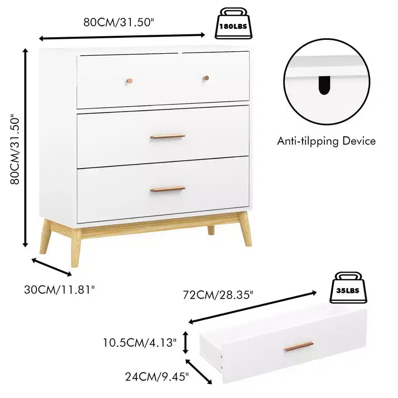 Meuble de rangement 3 tiroirs de style nordique, commode moderne blanche avec poignées or rose et base en bois massif pour bureau, chambre d'enfant ou crèche
