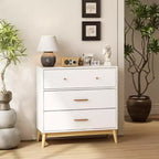 Meuble de rangement 3 tiroirs de style nordique, commode moderne blanche avec poignées or rose et base en bois massif pour bureau, chambre d'enfant ou crèche