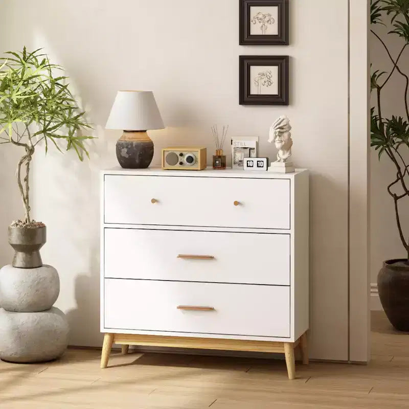 Meuble de rangement 3 tiroirs de style nordique, commode moderne blanche avec poignées or rose et base en bois massif pour bureau, chambre d'enfant ou crèche