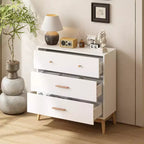Meuble de rangement 3 tiroirs de style nordique, commode moderne blanche avec poignées or rose et base en bois massif pour bureau, chambre d'enfant ou crèche