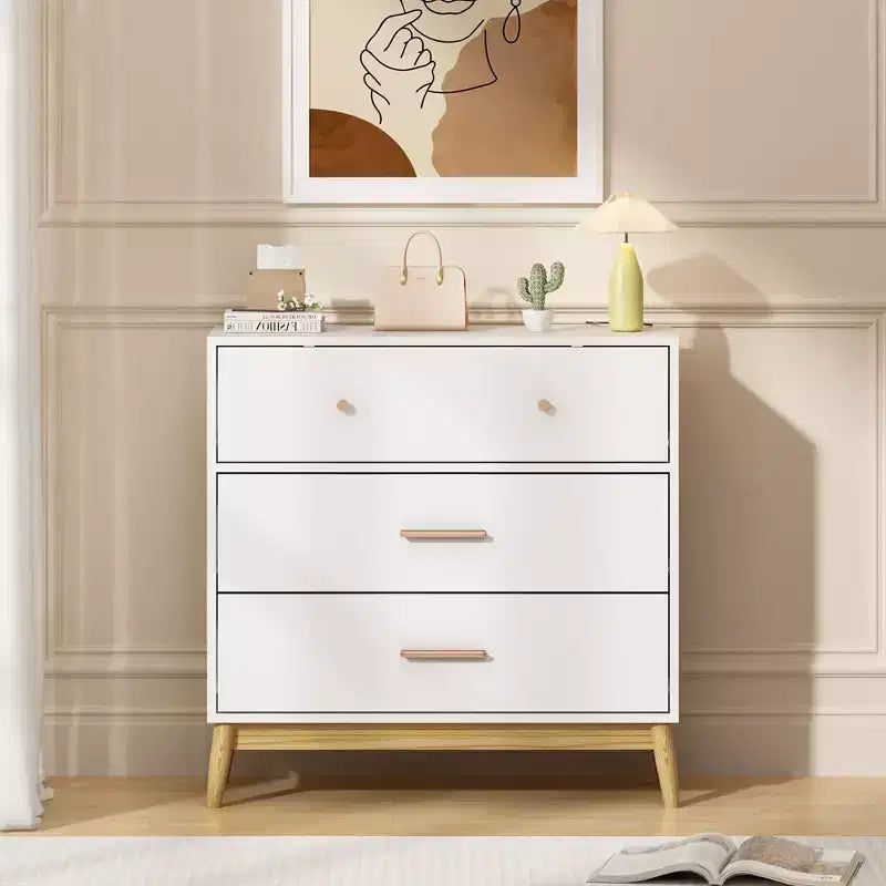 Meuble de rangement 3 tiroirs de style nordique, commode moderne blanche avec poignées or rose et base en bois massif pour bureau, chambre d'enfant ou crèche