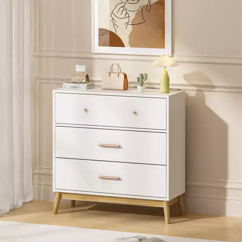 Meuble de rangement 3 tiroirs de style nordique, commode moderne blanche avec poignées or rose et base en bois massif pour bureau, chambre d'enfant ou crèche