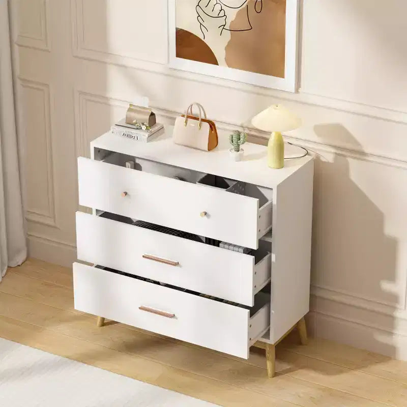 Meuble de rangement 3 tiroirs de style nordique, commode moderne blanche avec poignées or rose et base en bois massif pour bureau, chambre d'enfant ou crèche