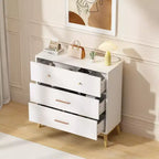 Meuble de rangement 3 tiroirs de style nordique, commode moderne blanche avec poignées or rose et base en bois massif pour bureau, chambre d'enfant ou crèche