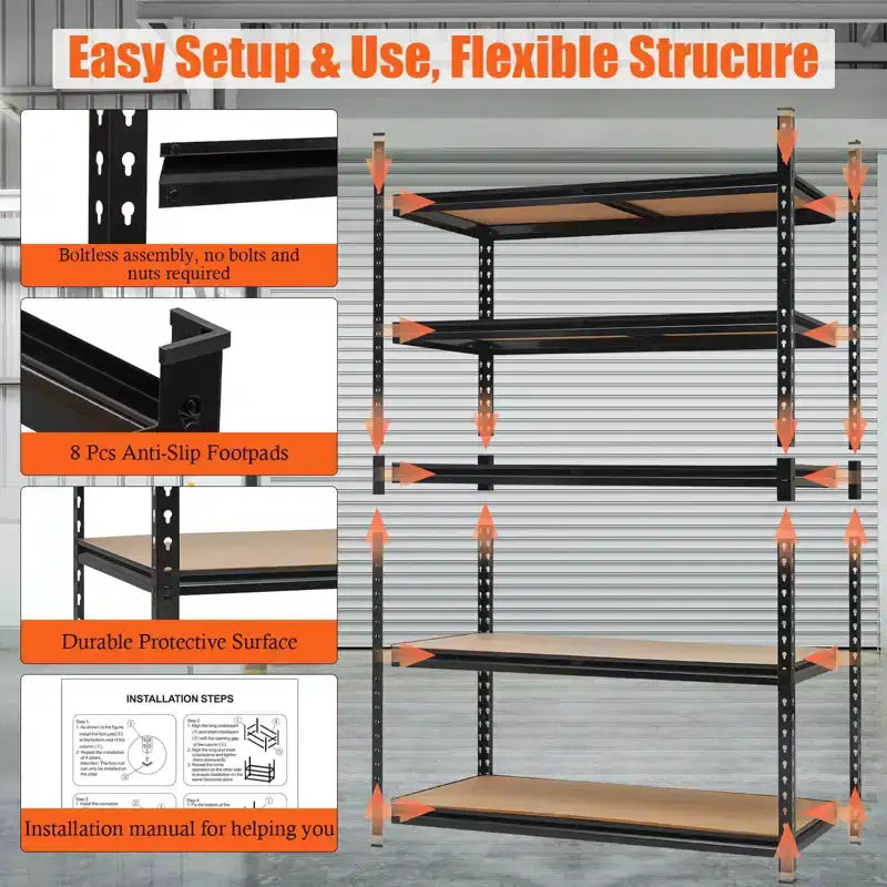 Étagère de rangement métallique robuste à 5 niveaux, capacité de 2000 lb, étagères utilitaires réglables, organiseur en acier 48L x 18P pour garage, garde-manger, cuisine, entrepôt