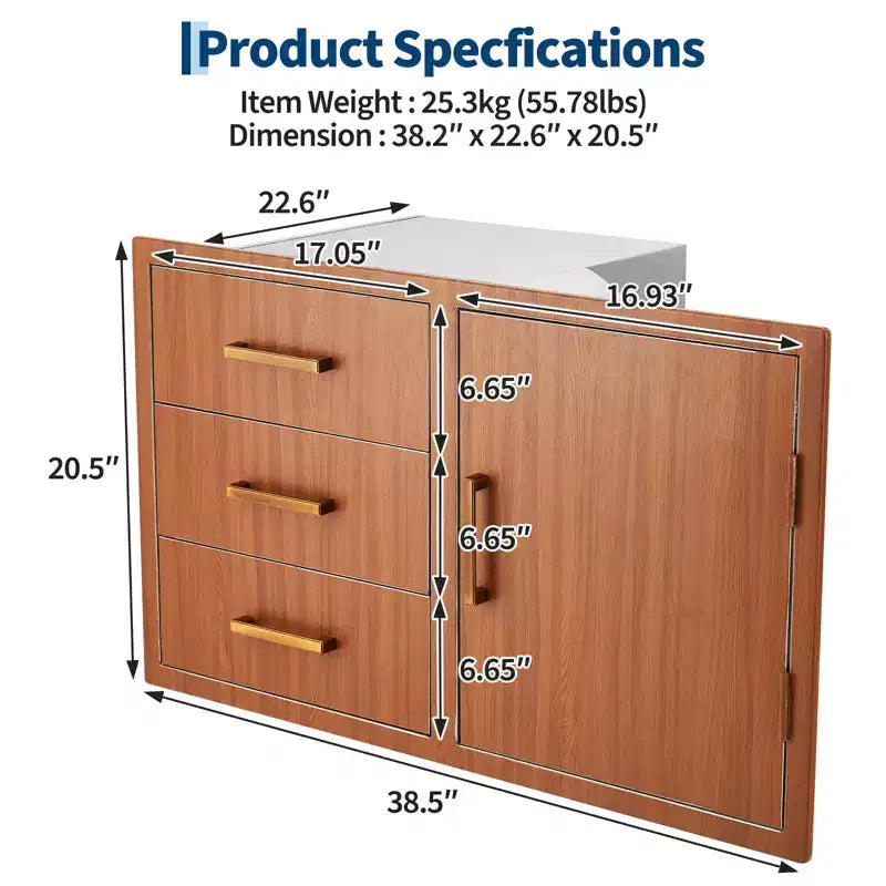 Meuble bas d'extérieur 38,2 W en acier inoxydable avec rangement pour bouteille de propane, anneau poubelle, tiroirs triples, porte d'accès, nouvelle couleur magnolia
