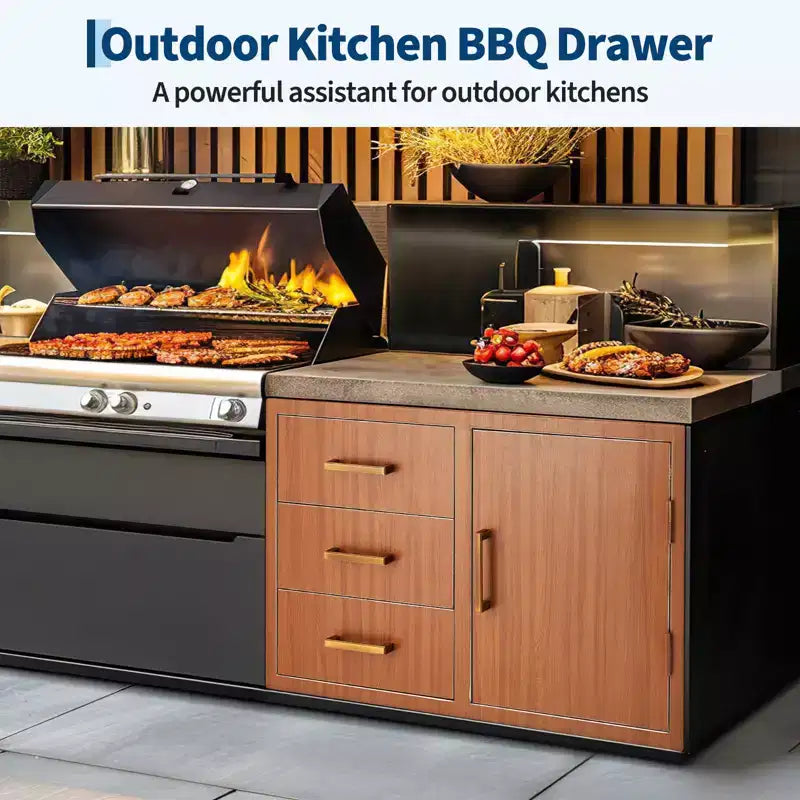 Meuble bas d'extérieur 38,2 W en acier inoxydable avec rangement pour bouteille de propane, anneau poubelle, tiroirs triples, porte d'accès, nouvelle couleur magnolia