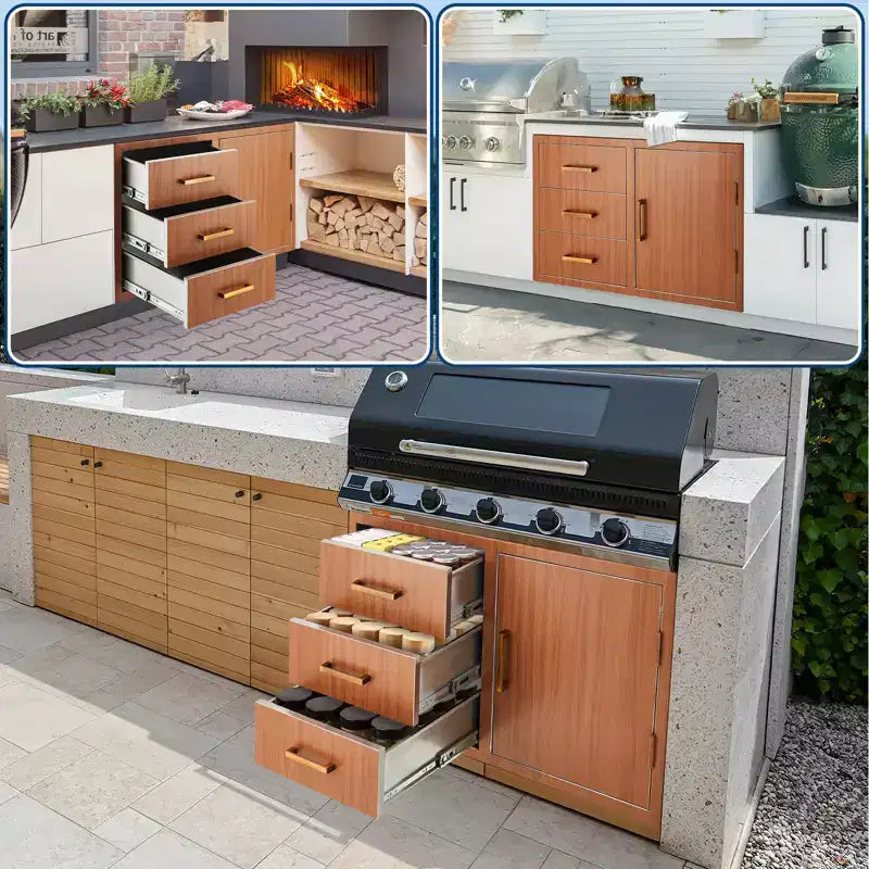 Meuble bas d'extérieur 38,2 W en acier inoxydable avec rangement pour bouteille de propane, anneau poubelle, tiroirs triples, porte d'accès, nouvelle couleur magnolia