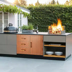 Meuble bas d'extérieur 38,2 W en acier inoxydable avec rangement pour bouteille de propane, anneau poubelle, tiroirs triples, porte d'accès, nouvelle couleur magnolia