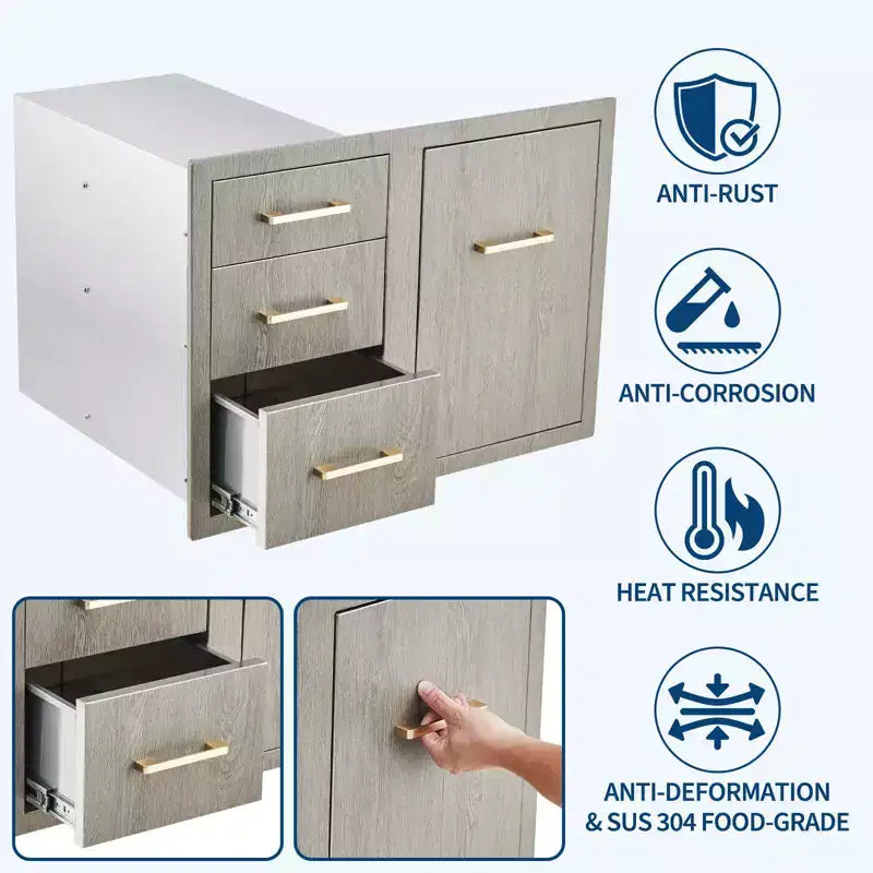 Meuble bas d'extérieur 38,2 W en acier inoxydable avec rangement pour bouteille de propane, anneau poubelle, tiroirs triples, porte d'accès, nouvelle couleur magnolia