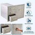 Meuble bas d'extérieur 38,2 W en acier inoxydable avec rangement pour bouteille de propane, anneau poubelle, tiroirs triples, porte d'accès, nouvelle couleur magnolia