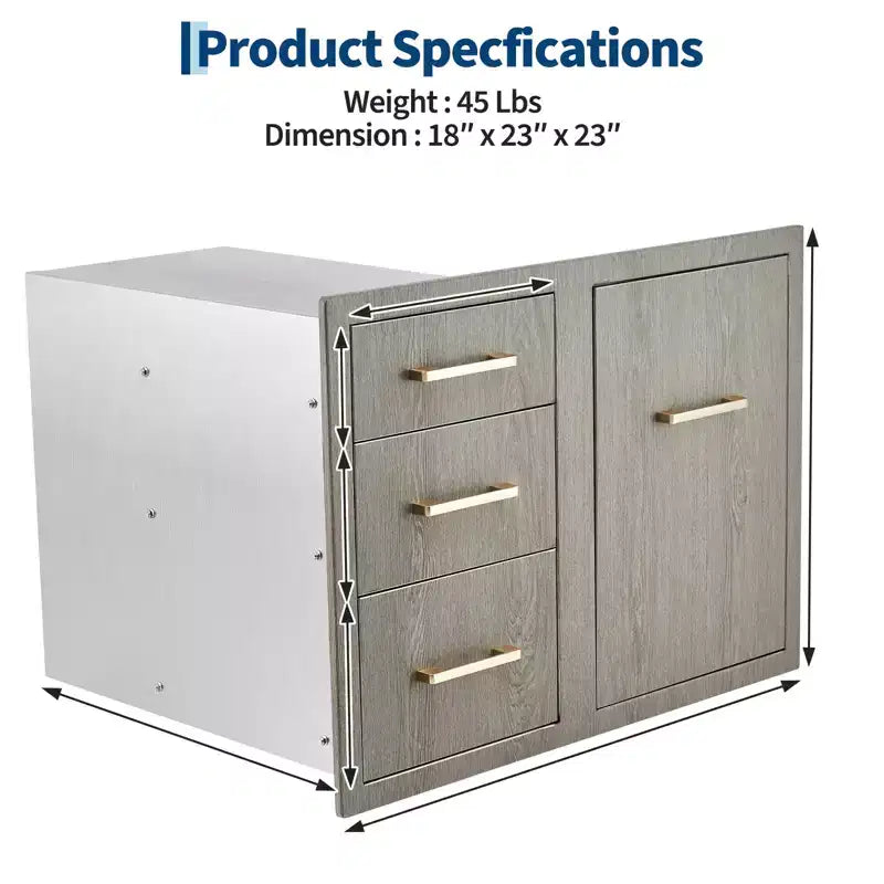 Meuble bas d'extérieur 38,2 W en acier inoxydable avec rangement pour bouteille de propane, anneau poubelle, tiroirs triples, porte d'accès, nouvelle couleur magnolia
