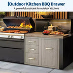 Meuble bas d'extérieur 38,2 W en acier inoxydable avec rangement pour bouteille de propane, anneau poubelle, tiroirs triples, porte d'accès, nouvelle couleur magnolia