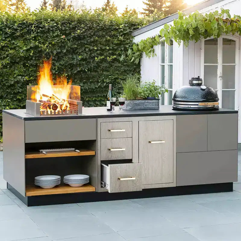 Meuble bas d'extérieur 38,2 W en acier inoxydable avec rangement pour bouteille de propane, anneau poubelle, tiroirs triples, porte d'accès, nouvelle couleur magnolia