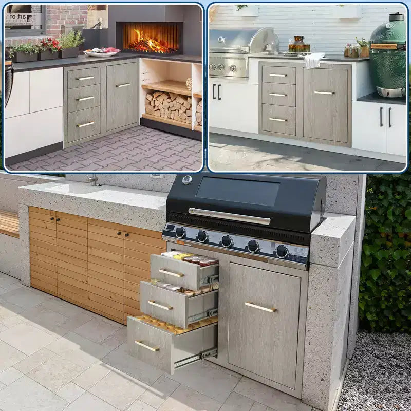 Meuble bas d'extérieur 38,2 W en acier inoxydable avec rangement pour bouteille de propane, anneau poubelle, tiroirs triples, porte d'accès, nouvelle couleur magnolia
