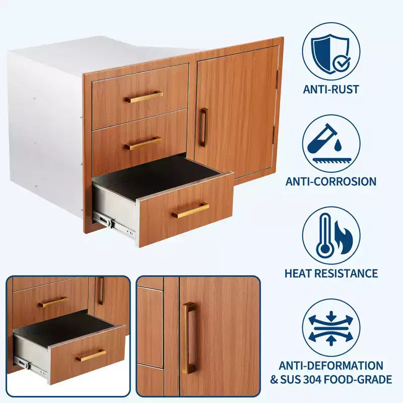Meuble bas d'extérieur 38,2 W en acier inoxydable avec rangement pour bouteille de propane, anneau poubelle, tiroirs triples, porte d'accès, nouvelle couleur magnolia