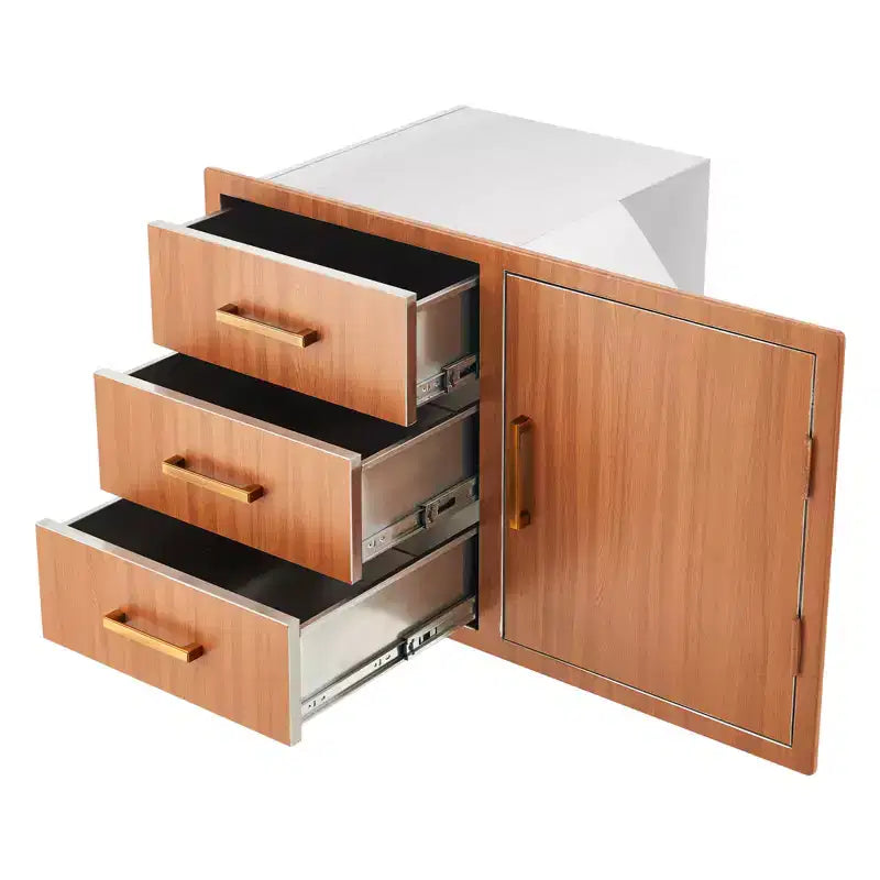 Meuble bas d'extérieur 38,2 W en acier inoxydable avec rangement pour bouteille de propane, anneau poubelle, tiroirs triples, porte d'accès, nouvelle couleur magnolia