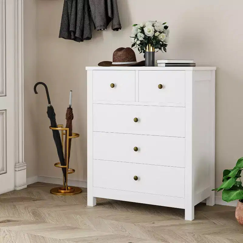 Commode, Table de chevet en bois à 5 tiroirs, Organisateur de rangement pour chambre et salon, 73,66 cm L x 39,37 cm l x 94,74 cm H
