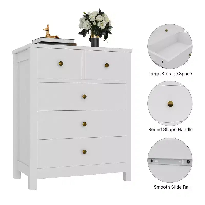 Commode, Table de chevet en bois à 5 tiroirs, Organisateur de rangement pour chambre et salon, 73,66 cm L x 39,37 cm l x 94,74 cm H
