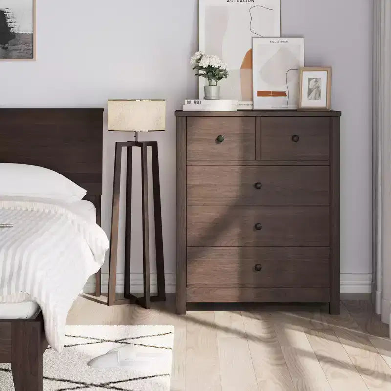 Commode, Table de chevet en bois à 5 tiroirs, Organisateur de rangement pour chambre et salon, 73,66 cm L x 39,37 cm l x 94,74 cm H