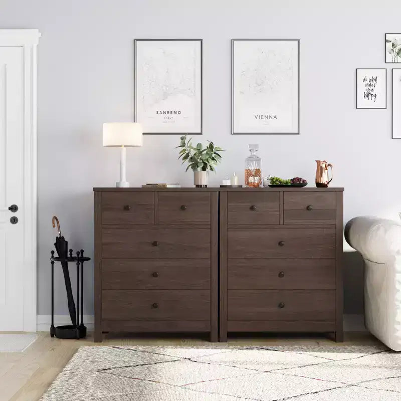 Commode, Table de chevet en bois à 5 tiroirs, Organisateur de rangement pour chambre et salon, 73,66 cm L x 39,37 cm l x 94,74 cm H
