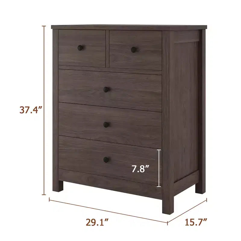 Commode, Table de chevet en bois à 5 tiroirs, Organisateur de rangement pour chambre et salon, 73,66 cm L x 39,37 cm l x 94,74 cm H