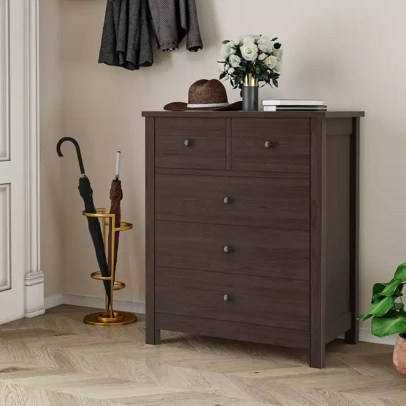 Commode, Table de chevet en bois à 5 tiroirs, Organisateur de rangement pour chambre et salon, 73,66 cm L x 39,37 cm l x 94,74 cm H