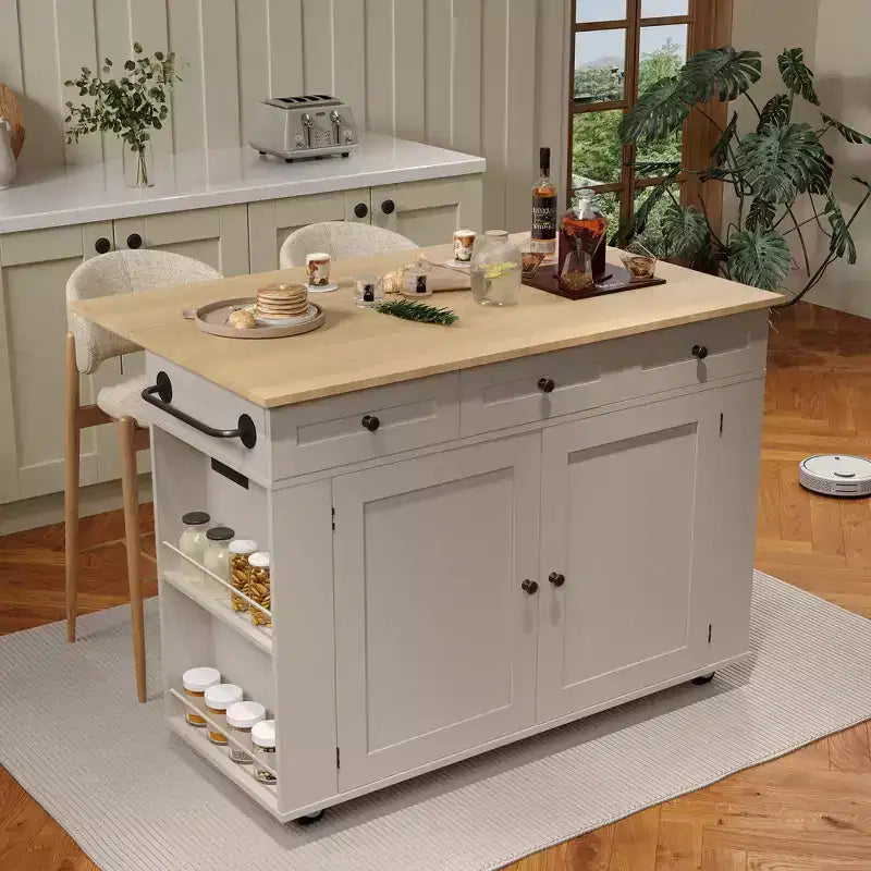 Buffet mobile de cuisine, îlot roulant avec plateau rabattable, 3 tiroirs, étagères coulissantes, porte-épices, porte-serviettes, pour cuisine