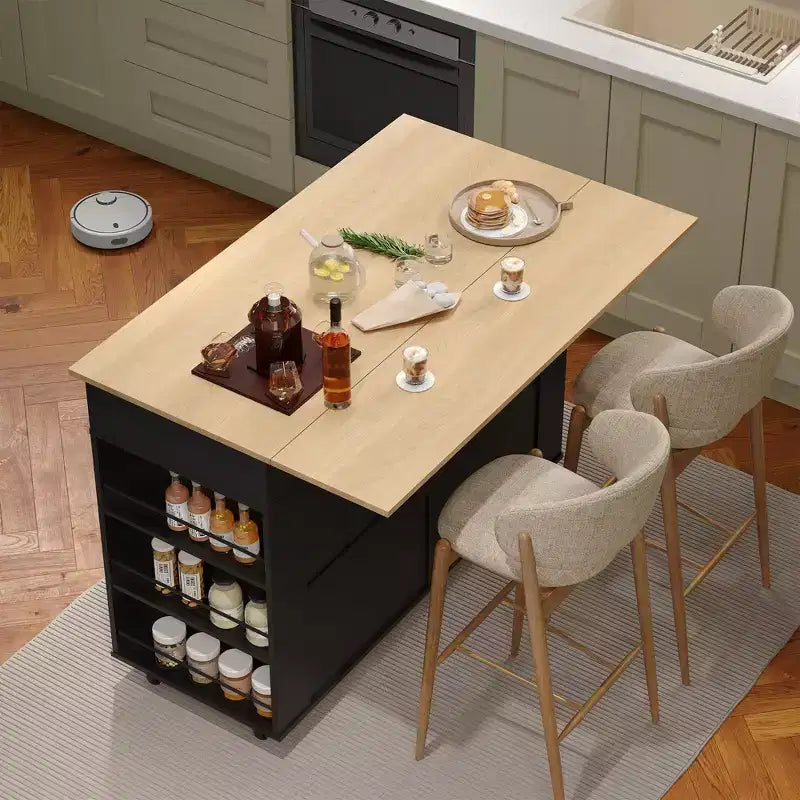 Buffet mobile de cuisine, îlot roulant avec plateau rabattable, 3 tiroirs, étagères coulissantes, porte-épices, porte-serviettes, pour cuisine