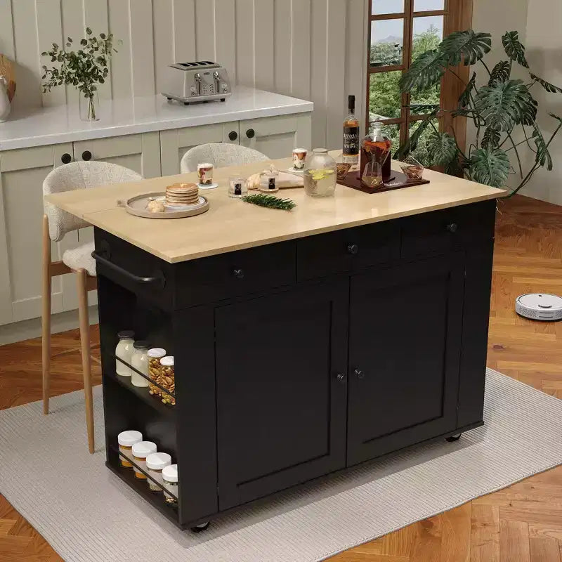 Buffet mobile de cuisine, îlot roulant avec plateau rabattable, 3 tiroirs, étagères coulissantes, porte-épices, porte-serviettes, pour cuisine