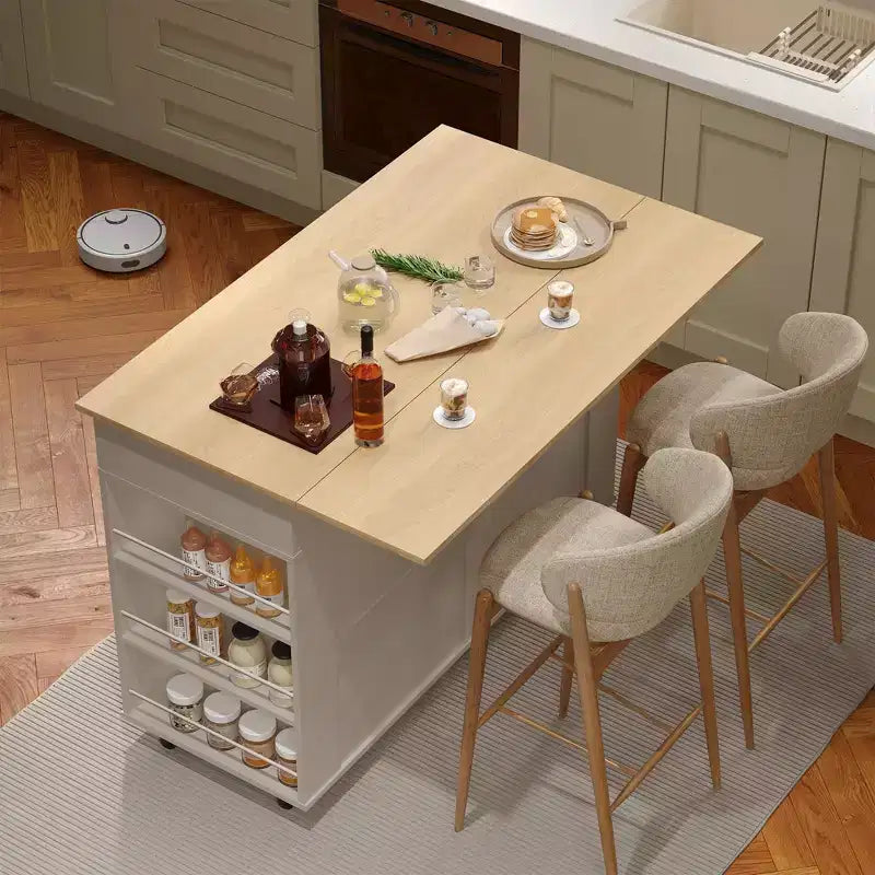 Buffet mobile de cuisine, îlot roulant avec plateau rabattable, 3 tiroirs, étagères coulissantes, porte-épices, porte-serviettes, pour cuisine