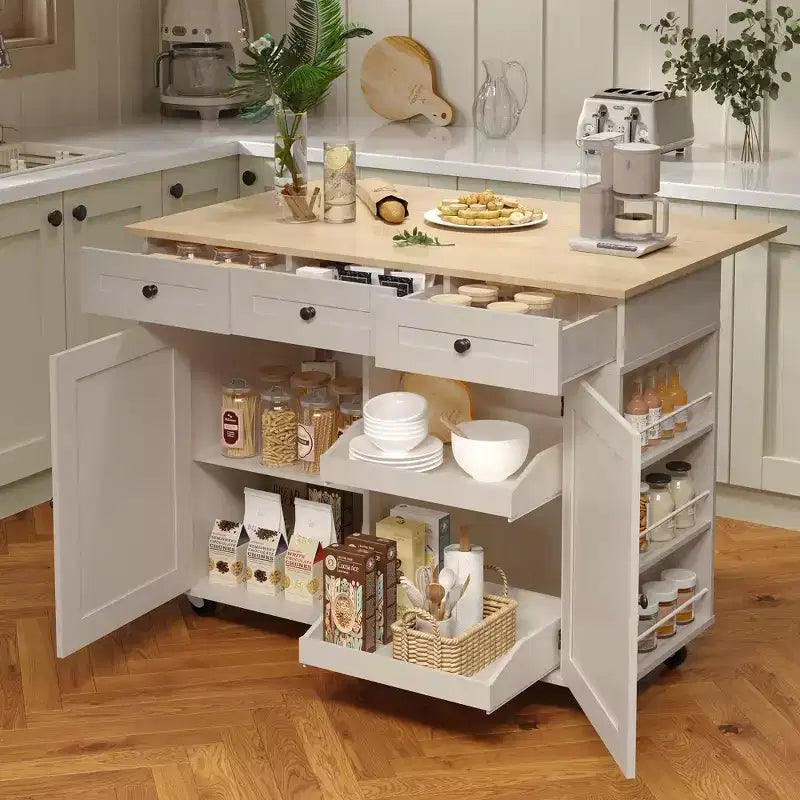 Buffet mobile de cuisine, îlot roulant avec plateau rabattable, 3 tiroirs, étagères coulissantes, porte-épices, porte-serviettes, pour cuisine