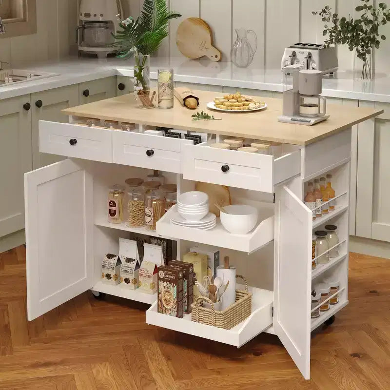 Buffet mobile de cuisine, îlot roulant avec plateau rabattable, 3 tiroirs, étagères coulissantes, porte-épices, porte-serviettes, pour cuisine
