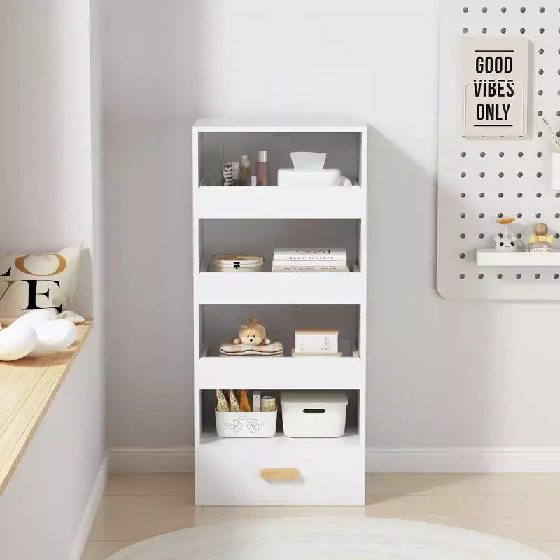 Étagère autoportante à 4 niveaux avec 3 tiroirs coulissants et 1 tiroir inférieur, Armoire de rangement haute pour chambre, salon ou bureau