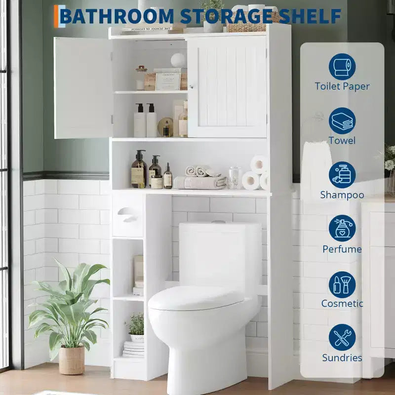 Meuble de Rangement Gain de Place pour WC, avec Double Porte, Étagères Réglables, Organisateur de Salle de Bain Autonome, Style Ferme, Porte-Papier Toilette