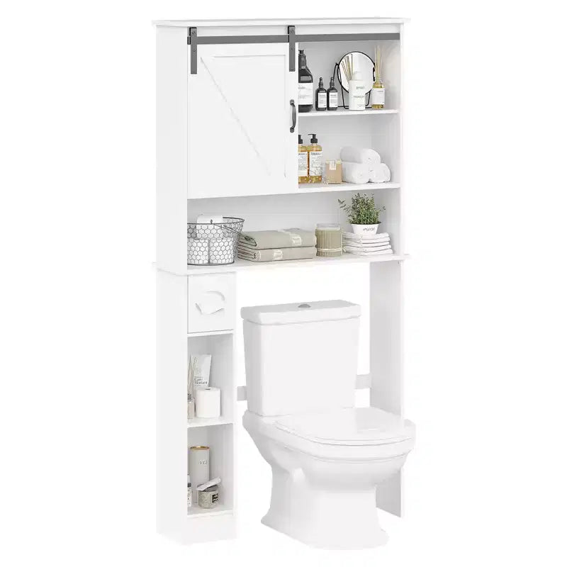 Space-Saving Over-the-Toilet Storage Cabinet  Double Doors, Adjustable Shelves, Freestanding Bathroom Organizer, Farmhouse Style,Toilet Paper Holder
