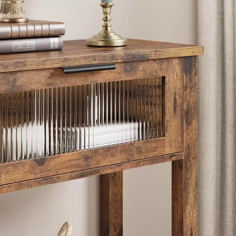 Console en bois rustique avec 2 tiroirs en verre - Table d'appoint à 2 niveaux pour entrée ou canapé - Étagère de rangement d'appoint contemporaine pour salon et couloir