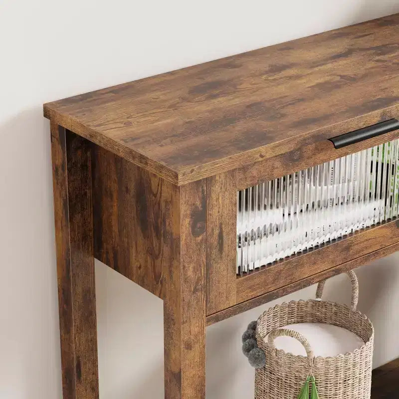 Console en bois rustique avec 2 tiroirs en verre - Table d'appoint à 2 niveaux pour entrée ou canapé - Étagère de rangement d'appoint contemporaine pour salon et couloir