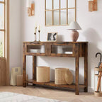 Console en bois rustique avec 2 tiroirs en verre - Table d'appoint à 2 niveaux pour entrée ou canapé - Étagère de rangement d'appoint contemporaine pour salon et couloir