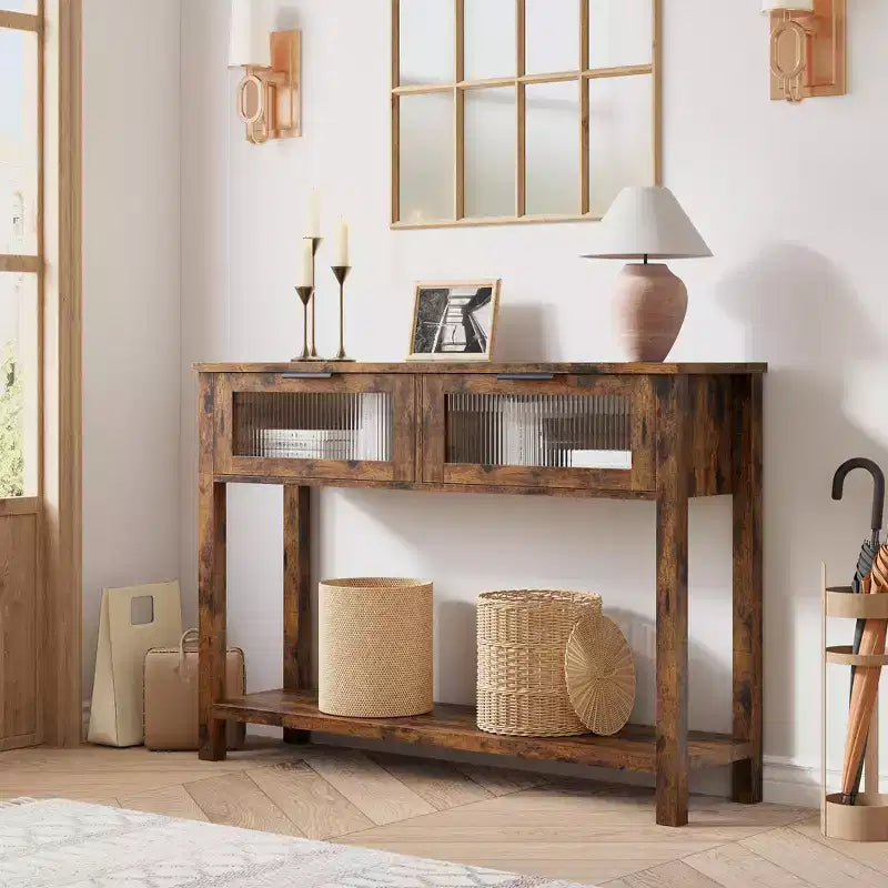 Console en bois rustique avec 2 tiroirs en verre - Table d'appoint à 2 niveaux pour entrée ou canapé - Étagère de rangement d'appoint contemporaine pour salon et couloir