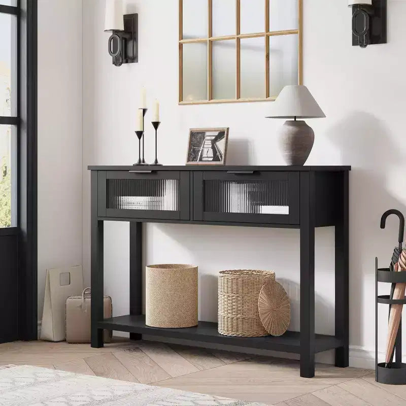 Console en bois rustique avec 2 tiroirs en verre - Table d'appoint à 2 niveaux pour entrée ou canapé - Étagère de rangement d'appoint contemporaine pour salon et couloir