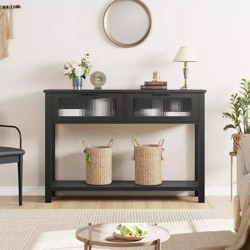 Console en bois rustique avec 2 tiroirs en verre - Table d'appoint à 2 niveaux pour entrée ou canapé - Étagère de rangement d'appoint contemporaine pour salon et couloir