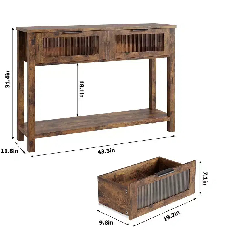Console en bois rustique avec 2 tiroirs en verre - Table d'appoint à 2 niveaux pour entrée ou canapé - Étagère de rangement d'appoint contemporaine pour salon et couloir