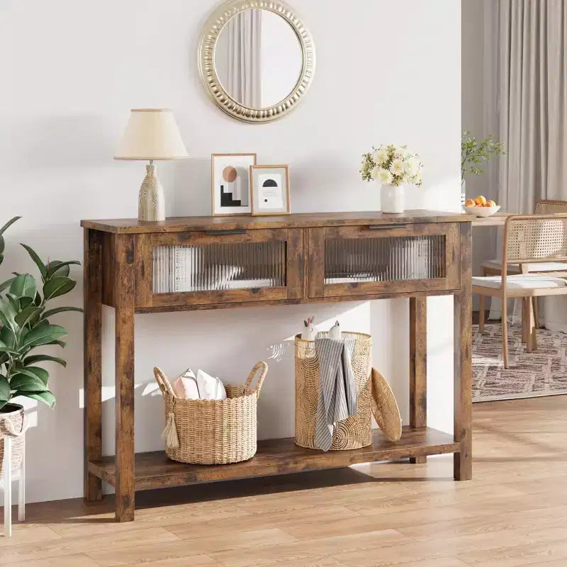 Console en bois rustique avec 2 tiroirs en verre - Table d'appoint à 2 niveaux pour entrée ou canapé - Étagère de rangement d'appoint contemporaine pour salon et couloir