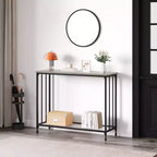 Narrow Console Table, Small Entryway Table with Glass Shelf & Metal Frame, Rustic Brown Sofa Table for Entryway/Living Room